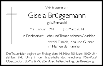 Anzeige von Gisela Brüggemann von Kölner Stadt-Anzeiger / Kölnische Rundschau / Express