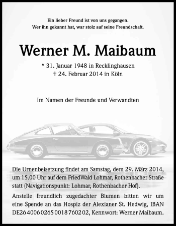 Anzeige von Werner Maibaum von Kölner Stadt-Anzeiger / Kölnische Rundschau / Express