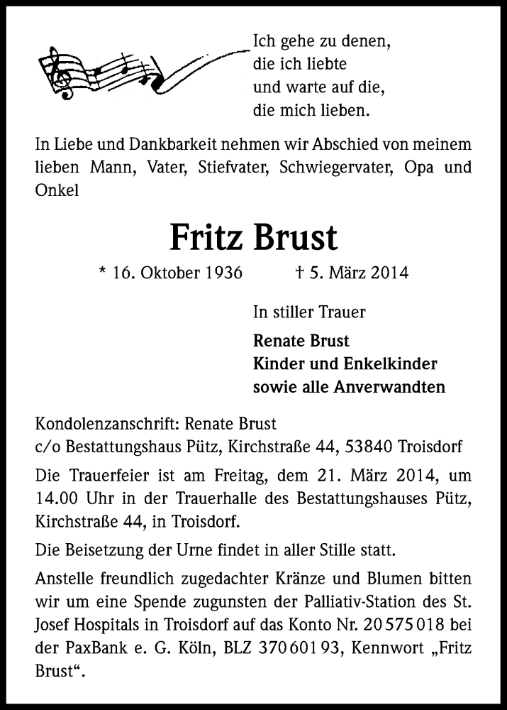  Traueranzeige für Fritz Brust vom 15.03.2014 aus Kölner Stadt-Anzeiger / Kölnische Rundschau / Express