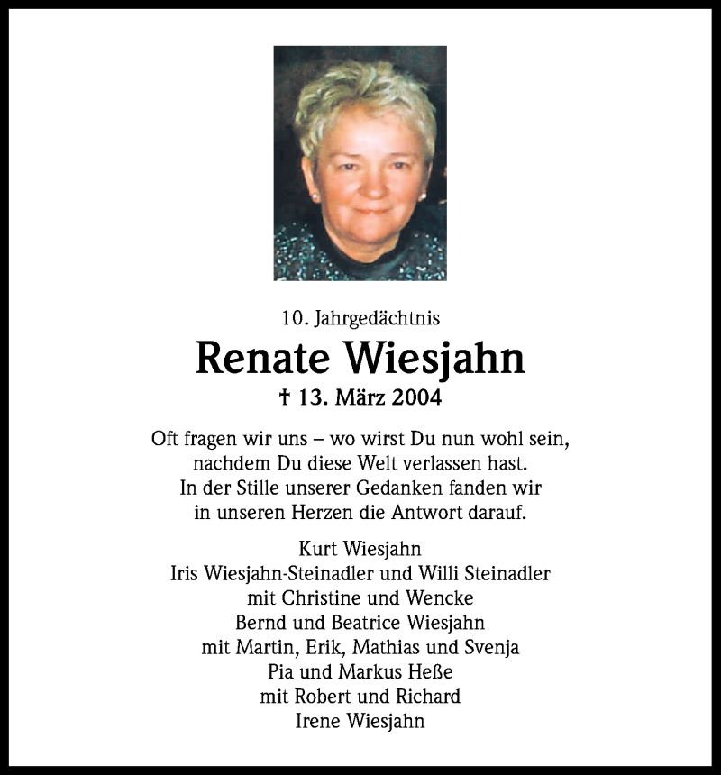  Traueranzeige für Renate Wiesjahn vom 13.03.2014 aus Kölner Stadt-Anzeiger / Kölnische Rundschau / Express