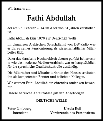 Anzeige von Fathi Abdullah von Kölner Stadt-Anzeiger / Kölnische Rundschau / Express