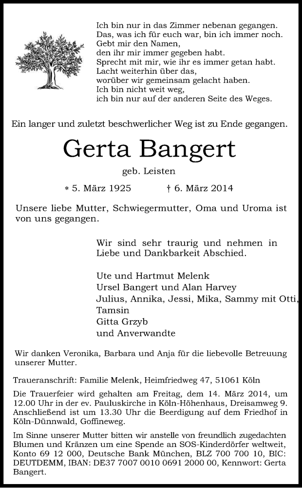  Traueranzeige für Gerta Bangert vom 11.03.2014 aus Kölner Stadt-Anzeiger / Kölnische Rundschau / Express