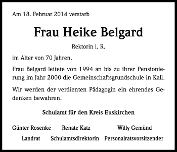 Anzeige von Heike Belgard von Kölner Stadt-Anzeiger / Kölnische Rundschau / Express