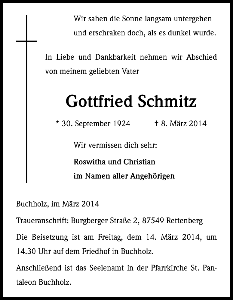  Traueranzeige für Gottfried Schmitz vom 12.03.2014 aus Kölner Stadt-Anzeiger / Kölnische Rundschau / Express
