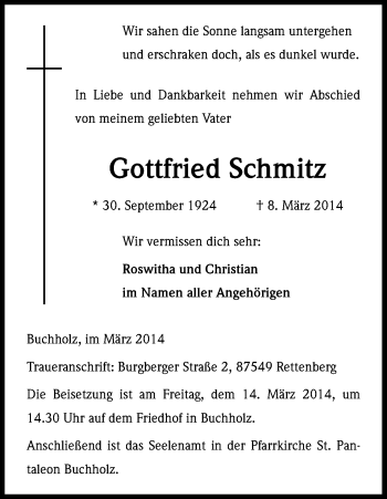 Anzeige von Gottfried Schmitz von Kölner Stadt-Anzeiger / Kölnische Rundschau / Express
