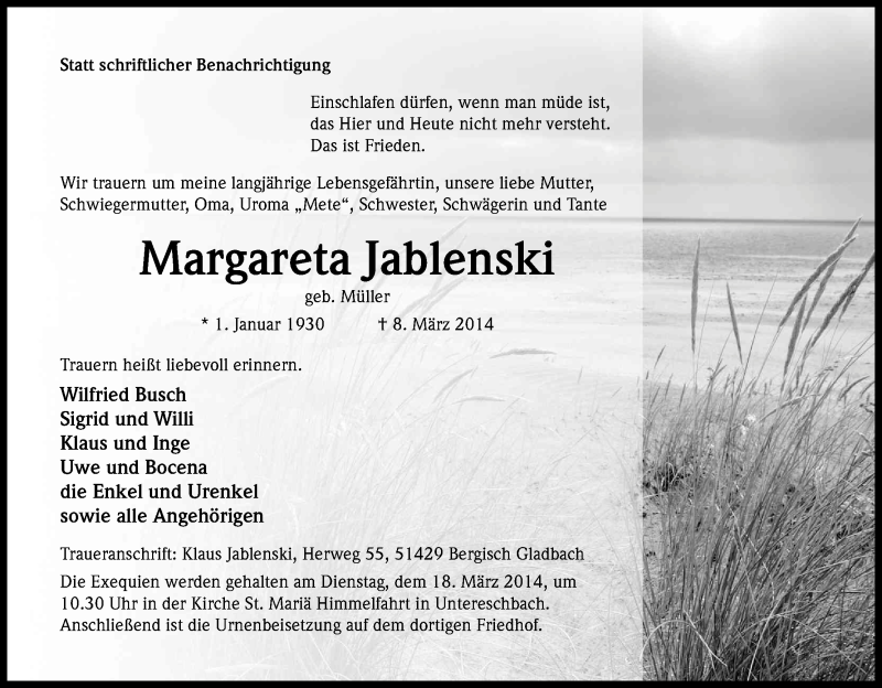  Traueranzeige für Margareta Jablenski vom 12.03.2014 aus Kölner Stadt-Anzeiger / Kölnische Rundschau / Express
