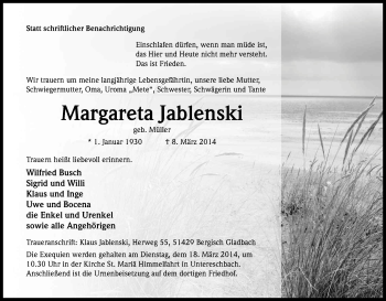 Anzeige von Margareta Jablenski von Kölner Stadt-Anzeiger / Kölnische Rundschau / Express
