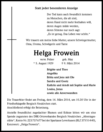 Anzeige von Helga Frowein von Kölner Stadt-Anzeiger / Kölnische Rundschau / Express