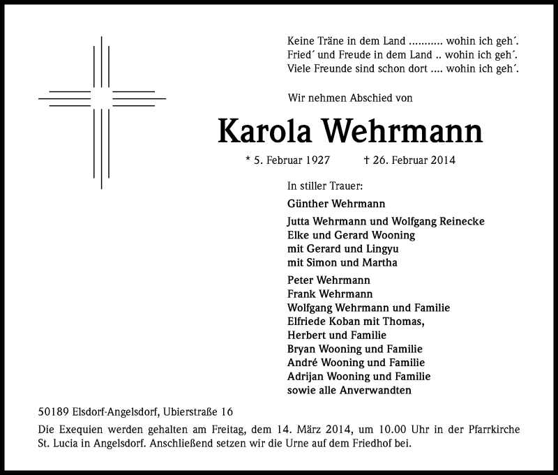  Traueranzeige für Karola Wehrmann vom 12.03.2014 aus Kölner Stadt-Anzeiger / Kölnische Rundschau / Express
