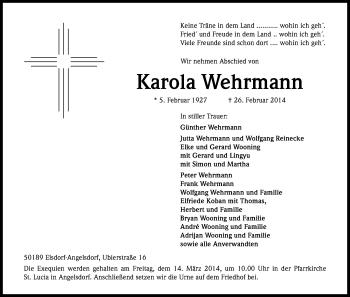 Anzeige von Karola Wehrmann von Kölner Stadt-Anzeiger / Kölnische Rundschau / Express