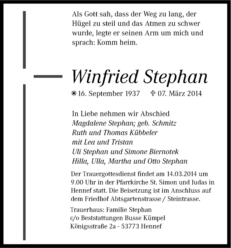  Traueranzeige für Winfried Stephan vom 12.03.2014 aus Kölner Stadt-Anzeiger / Kölnische Rundschau / Express