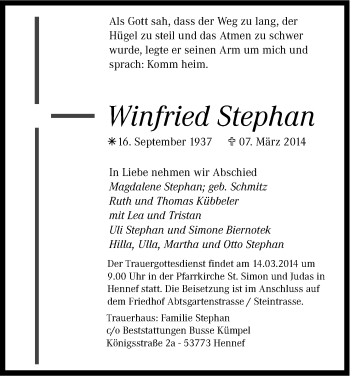 Anzeige von Winfried Stephan von Kölner Stadt-Anzeiger / Kölnische Rundschau / Express