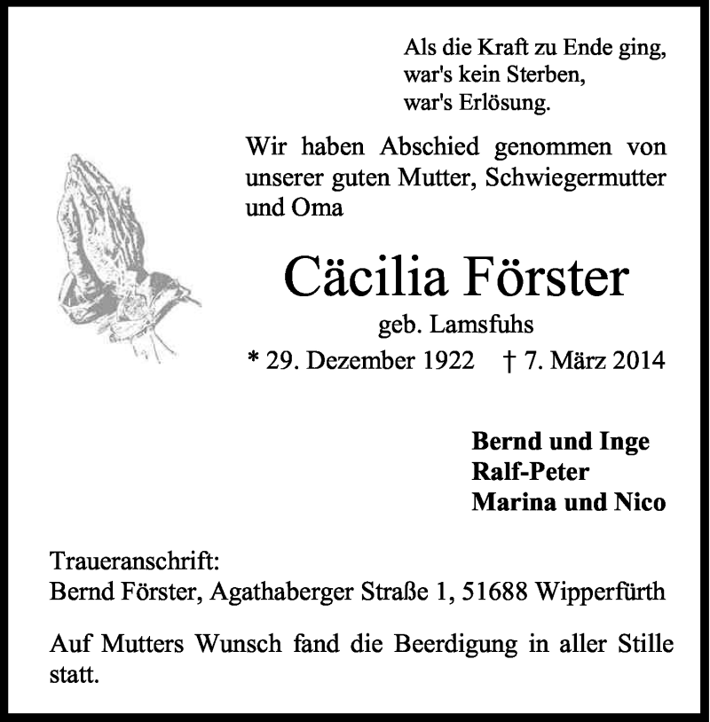  Traueranzeige für Cäcilia Förster vom 22.03.2014 aus Kölner Stadt-Anzeiger / Kölnische Rundschau / Express