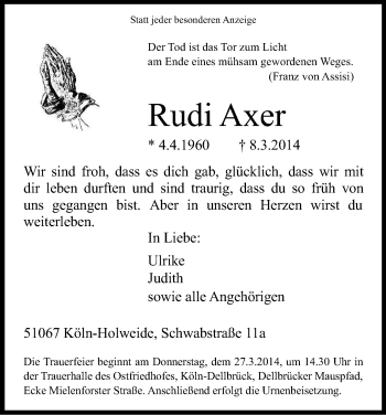 Anzeige von Rudolf Axer von Kölner Stadt-Anzeiger / Kölnische Rundschau / Express