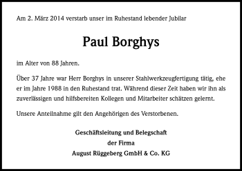 Anzeige von Paul Borghys von Kölner Stadt-Anzeiger / Kölnische Rundschau / Express