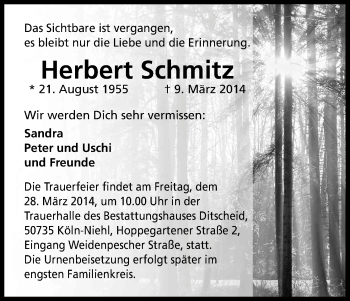 Anzeige von Herbert Schmitz von Kölner Stadt-Anzeiger / Kölnische Rundschau / Express