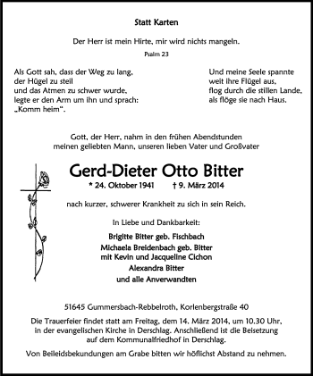 Anzeige von Gerd-Dieter Otto Bitter von Kölner Stadt-Anzeiger / Kölnische Rundschau / Express