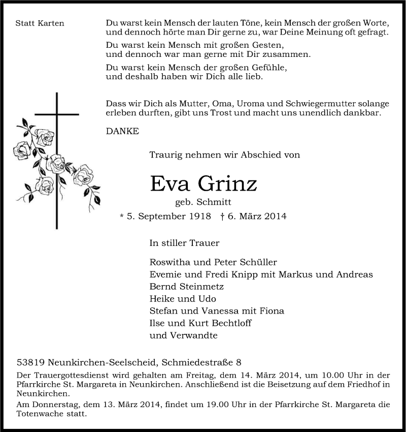  Traueranzeige für Eva Grinz vom 12.03.2014 aus Kölner Stadt-Anzeiger / Kölnische Rundschau / Express