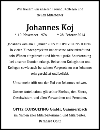 Anzeige von Johannes Koj von Kölner Stadt-Anzeiger / Kölnische Rundschau / Express
