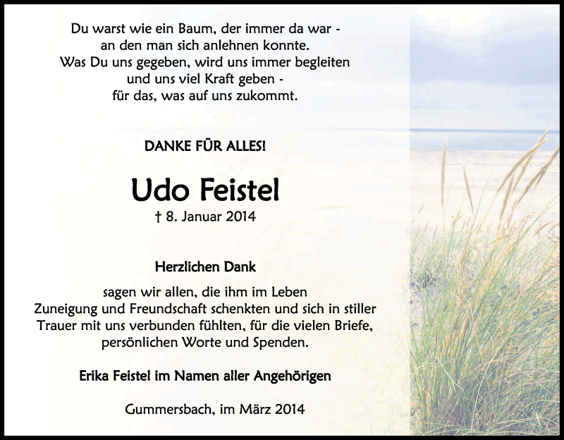  Traueranzeige für Udo Feistel vom 15.03.2014 aus Kölner Stadt-Anzeiger / Kölnische Rundschau / Express