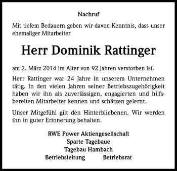 Anzeige von Dominik Rattinger von Kölner Stadt-Anzeiger / Kölnische Rundschau / Express