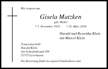 Anzeige von Gisela Matzken von Kölner Stadt-Anzeiger / Kölnische Rundschau / Express