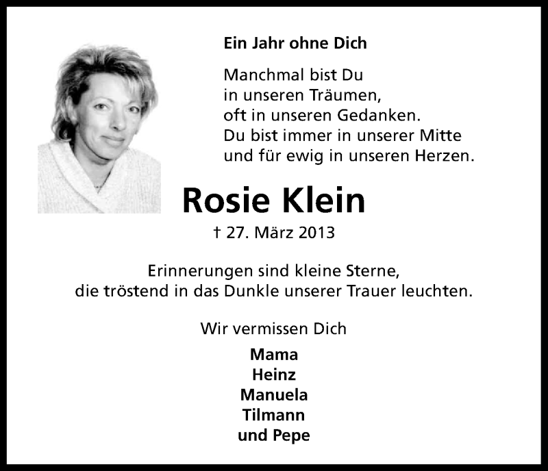  Traueranzeige für Rosie Klein vom 27.03.2014 aus Kölner Stadt-Anzeiger / Kölnische Rundschau / Express