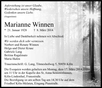 Anzeige von Marianne Winnen von Kölner Stadt-Anzeiger / Kölnische Rundschau / Express