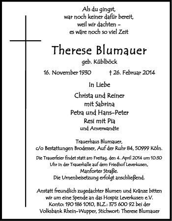 Anzeige von Therese Blumauer von Kölner Stadt-Anzeiger / Kölnische Rundschau / Express