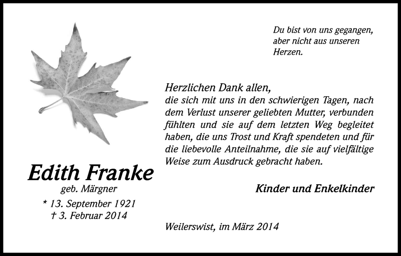  Traueranzeige für Edith Franke vom 12.03.2014 aus Kölner Stadt-Anzeiger / Kölnische Rundschau / Express