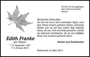 Anzeige von Edith Franke von Kölner Stadt-Anzeiger / Kölnische Rundschau / Express