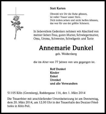 Anzeige von Annemarie Dunkel von Kölner Stadt-Anzeiger / Kölnische Rundschau / Express