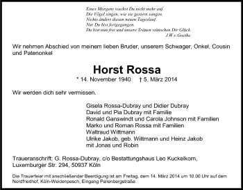 Anzeige von Horst Rossa von Kölner Stadt-Anzeiger / Kölnische Rundschau / Express