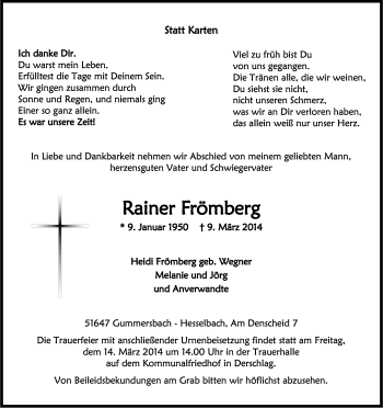 Anzeige von Rainer Frömberg von Kölner Stadt-Anzeiger / Kölnische Rundschau / Express