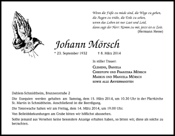 Anzeige von Johann Mörsch von Kölner Stadt-Anzeiger / Kölnische Rundschau / Express
