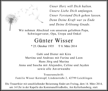 Anzeige von Günter Wisser von Kölner Stadt-Anzeiger / Kölnische Rundschau / Express