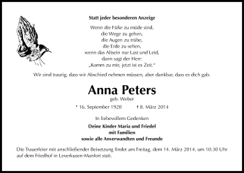 Anzeige von Anna Peters von Kölner Stadt-Anzeiger / Kölnische Rundschau / Express