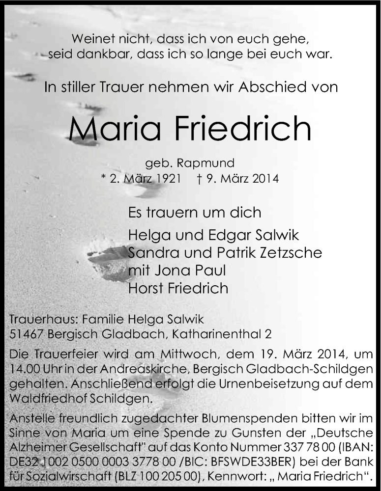  Traueranzeige für Maria Friedrich vom 13.03.2014 aus Kölner Stadt-Anzeiger / Kölnische Rundschau / Express