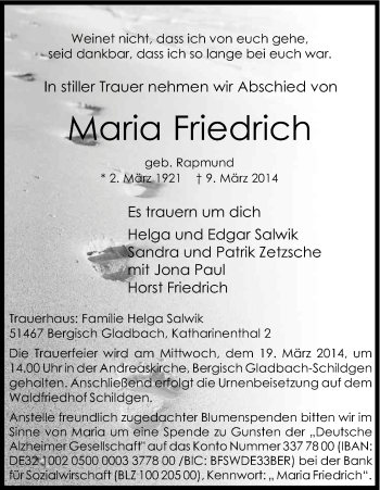 Anzeige von Maria Friedrich von Kölner Stadt-Anzeiger / Kölnische Rundschau / Express