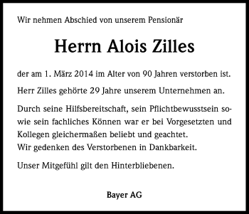 Anzeige von Alois Zilles von Kölner Stadt-Anzeiger / Kölnische Rundschau / Express