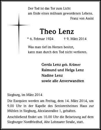 Anzeige von Theo Lenz von Kölner Stadt-Anzeiger / Kölnische Rundschau / Express