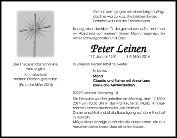 Anzeige von Peter Leinen von Kölner Stadt-Anzeiger / Kölnische Rundschau / Express