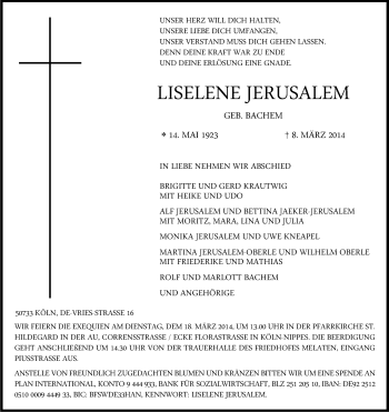 Anzeige von Liselene Jerusalem von Kölner Stadt-Anzeiger / Kölnische Rundschau / Express