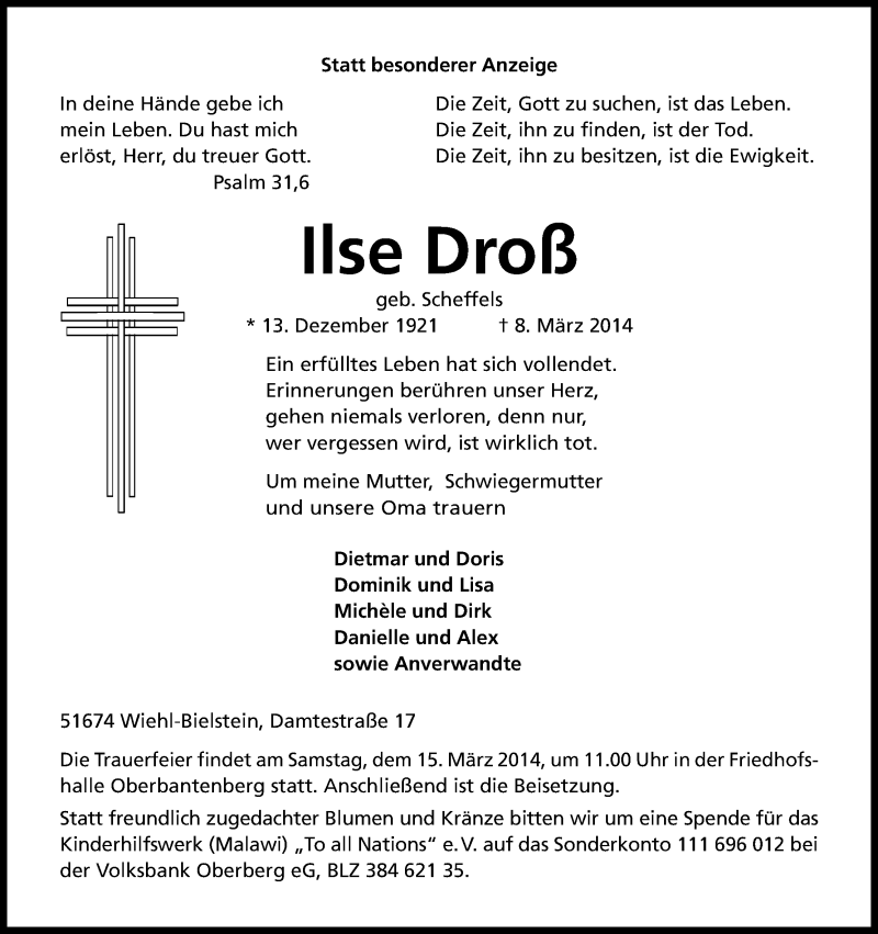  Traueranzeige für Ilse Droß vom 12.03.2014 aus Kölner Stadt-Anzeiger / Kölnische Rundschau / Express