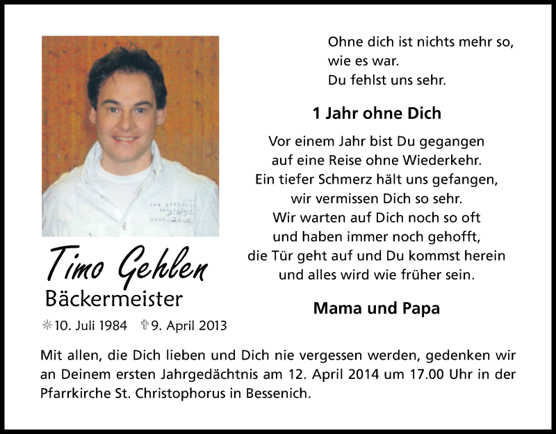  Traueranzeige für Timo Gehlen vom 12.04.2014 aus Kölner Stadt-Anzeiger / Kölnische Rundschau / Express