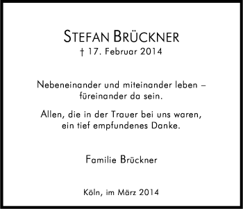 Anzeige von Stefan Brückner von Kölner Stadt-Anzeiger / Kölnische Rundschau / Express