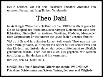 Anzeige von Theo Dahl von Kölner Stadt-Anzeiger / Kölnische Rundschau / Express