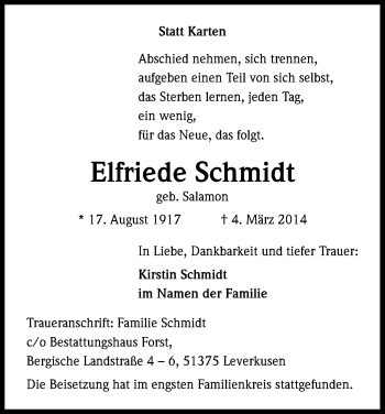 Anzeige von Elfriede Schmidt von Kölner Stadt-Anzeiger / Kölnische Rundschau / Express