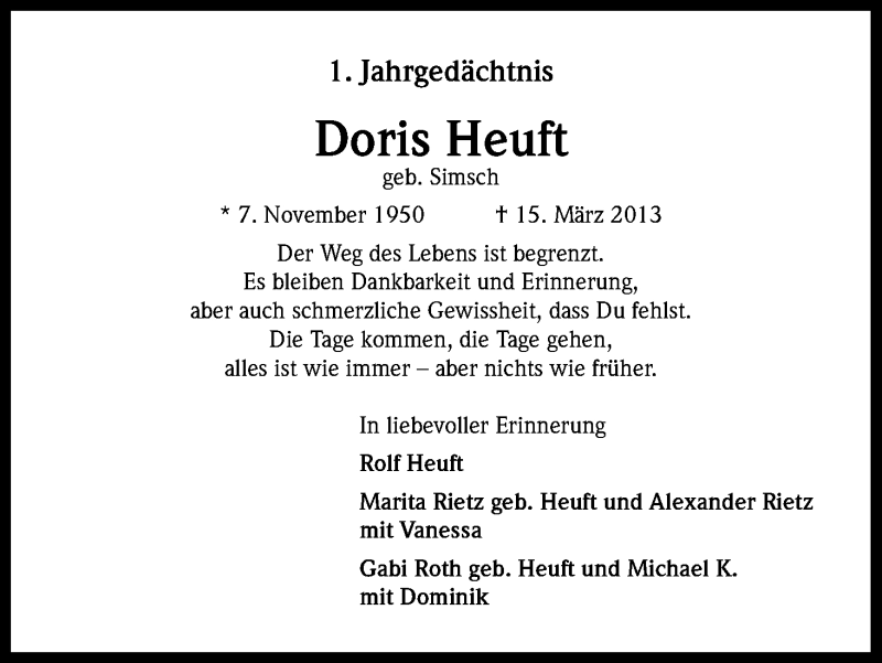  Traueranzeige für Doris Heuft vom 15.03.2014 aus Kölner Stadt-Anzeiger / Kölnische Rundschau / Express