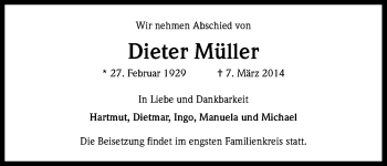 Anzeige von Dieter Müller von Kölner Stadt-Anzeiger / Kölnische Rundschau / Express